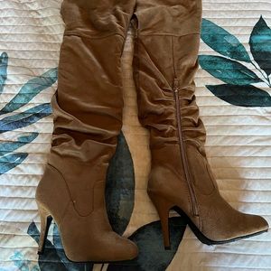 Tan Over The Knee High Heeled Boots